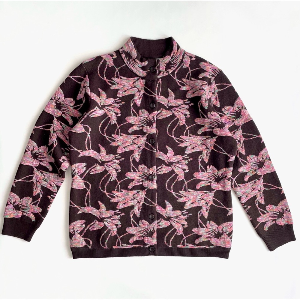 Vintage Wool Floral Lily Cardigan in Brown & Metallic Multi